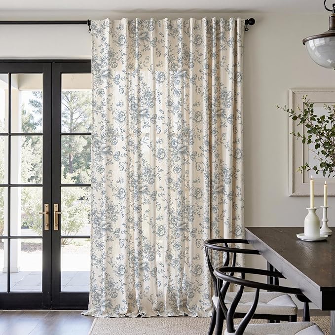 jinchan Linen Floral Curtains 100 Inch Extra Wide for Patio Sliding Glass Door Room Divider Curtain for Living Room 108 Inch Length Farmhouse Peony Blue Printed Curtain Set 1 Panel - Image 2
