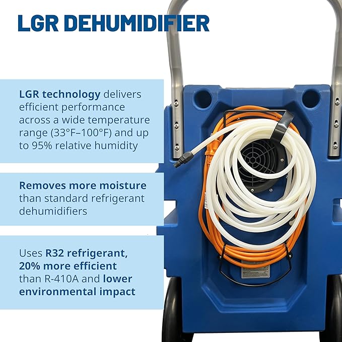 BlueDri BDX-150 175PPD Industrial Commercial LGR Dehumidifier with 25-Foot Drain Hose for Job Sites, Coverage area of 15,000 Cubic Feet, Water Damage Restoration Equipment, Blue - Image 3