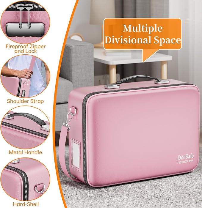 DocSafe Fireproof Document Box with Lock, Hard Case File Organizer with Accordion File Folder, Fireproof Water Resistant Safe Box Home Office Travel Storage for Important Documents Laptop Pink - Image 4