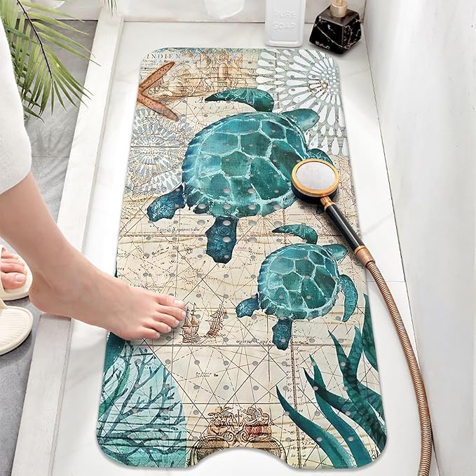 Sea Turtle Bathtub Mat Non Slip, Baby Bath Mat for Tub Rubber Tub Mat, Cute Kids Bath Mats for Bathroom Ocean Beach Anti Slip Shower Mat with Suction and Drain Holes Machine Washable, 40″X16″ - Image 2