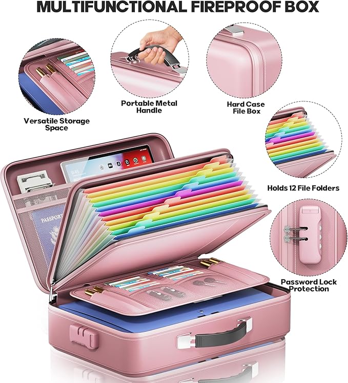 Fireproof Document Box, Hard Case Highly Flame-Resistant Fire Proof Waterproof File Organizer with Lock, Portable Fire Safe for Important Documents & Valuables Storage (Pink, ‎16"*12"*5") - Image 5