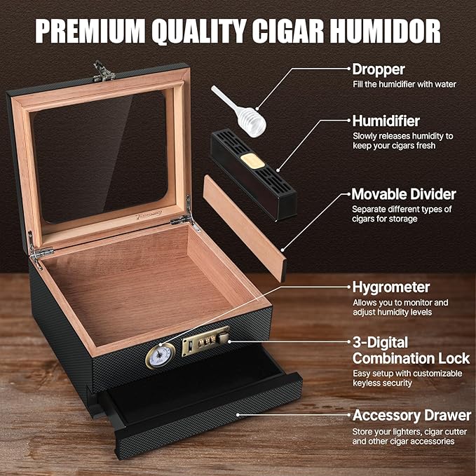 Cigar Humidor, Cedar Wood Humidor Cigar Box, Glass Top Desktop Humidor with Front Hygrometer, Humidifier, Divider, Accessories Drawer and Combination Lock, Cigar Gifts for Men (Carbon Black) - Image 2