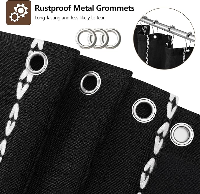 Country Farmhouse Shower Curtain Heavyweight with Tassels, Soft Linen Textured Thick Fabric Shower Curtain Black White Striped, 72 x 72 Inch Vintage Boho Bathroom Shower Curtain Water Repellent - Image 5