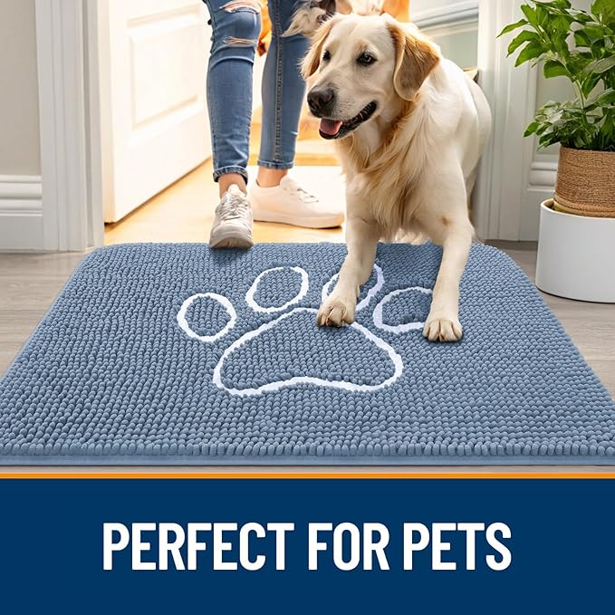 OLANLY Dog Door Mat for Muddy Paws 32x20, Paw Print Design, Absorbs Moisture and Dirt, Non-Slip Washable Doormat, Quick Dry Chenille Mud Mat, Entry Indoor Entryway Carpet, Airy Blue and White - Image 6