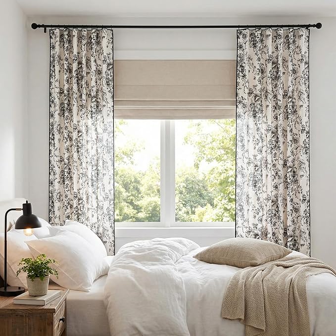 JINCHAN Linen Blend Floral Curtains French Country Curtain for Living Room 84 Inch Length Black Printed Curtain Rod Pocket Back Tab Farmhouse Peony Flower Patterned Drapes Window Curtains Set 2 Panels - Image 4