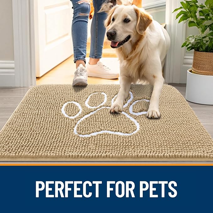 OLANLY Dog Door Mat for Muddy Paws 59x20, Paw Print Design, Absorbs Moisture and Dirt, Absorbent Non-Slip Washable Doormat, Quick Dry Chenille Mud Mat for Dogs, Entry Indoor Entryway Carpet, Beige - Image 6