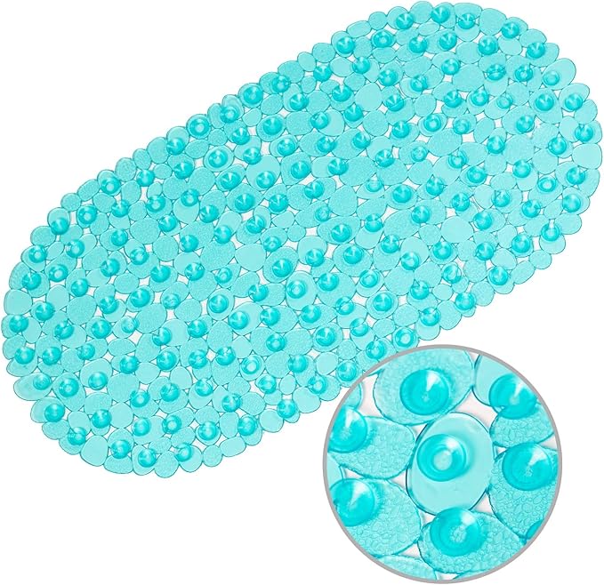 WELTRXE Pebbles Bath Mat Oval Non-Slip Bathtub Mat with Suction Cups, Drain Holes for Bathroom Showers, Tub, Machine Washable, BPA, Latex Free Safe Shower Mats, 27 x 14 Inch, Teal by WELTRXE