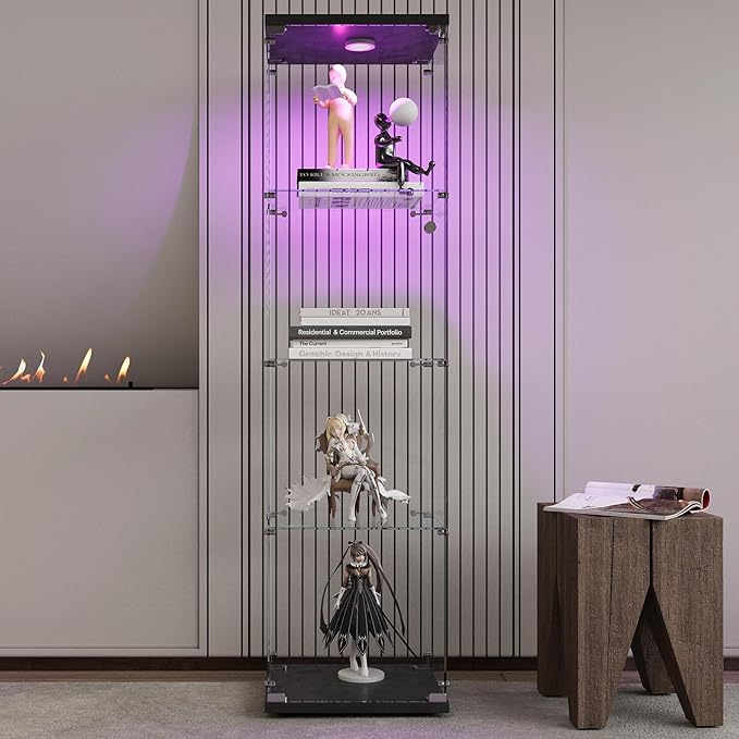 Yoluckea 4 Shelves Glass Display Cabinet with LED Light and Door, Floor Standing Clear Glass Curio Cabinet Collection for Living Room Bedroom 64.7”x16.7”x 14.3” Black(Upgrade Assembly) - Image 7