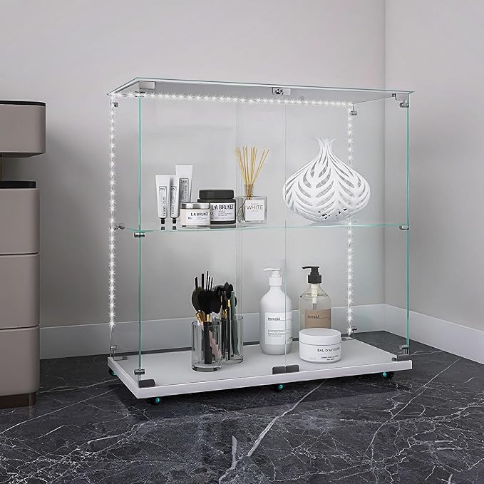 Yoluckea 2 Tiers Glass Display Cabinet with Bluetooth LED Light Strip, 2 Doors Floor Standing Curio Cabinet with Universal Wheel for Home, White Glass Bookshelf for Collections, Clear Top - Image 5