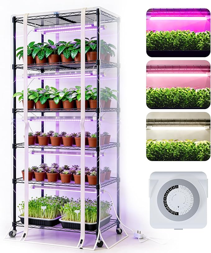 PYY Indoor Greenhouse with Grow Light - Heavy Duty 8 T8 3000K Grow Lights with 3 Color Modes, 6 Tier Plant Stand with Mechanical Timer, Thermometer and 4 Wheels for Planting (27.6"×15.7"×70.9" inch) by PYYBuffetProducts