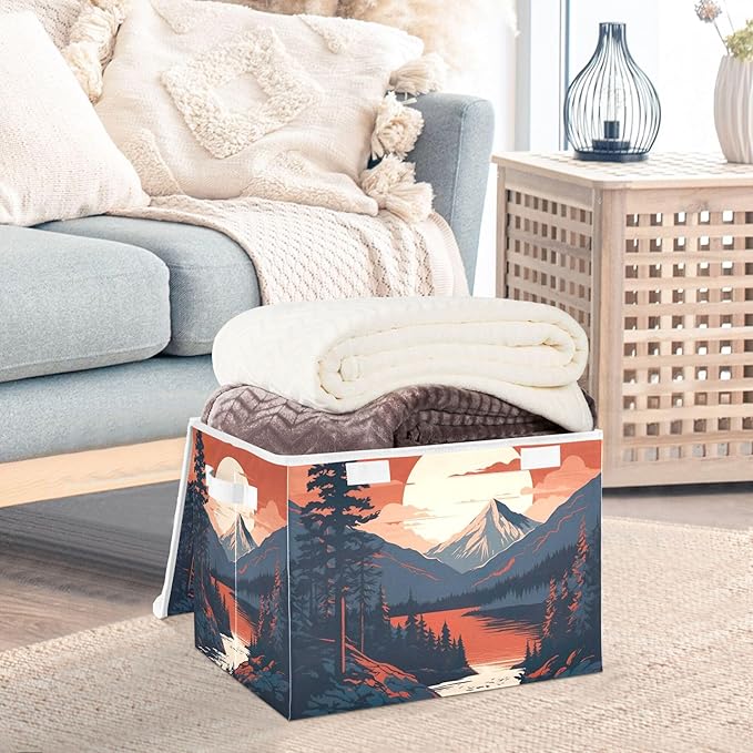 xigua Mountains Trees Storage Bins with Lids and Carrying Handle,Foldable Storage Boxes Organizer Containers Baskets Cube with Cover for Home Bedroom Closet Office - Image 5