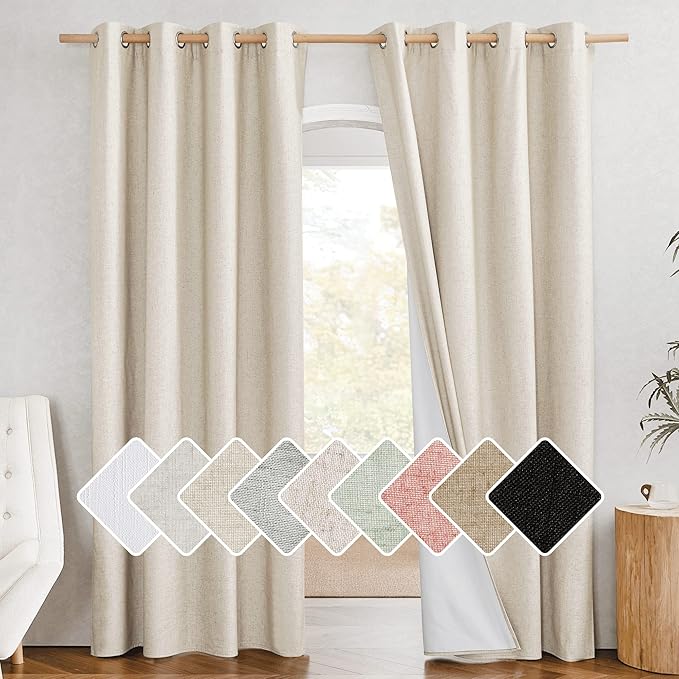 NICETOWN 100% Absolutely Blackout Linen Curtains with Thermal Insulated White Liner, 52" W, 2 PCs, Beige, 90" Long Drapes Sweep The Floor Decorative Keep Privacy Panels for Living Room/Villa/Bedroom by NICETOWN