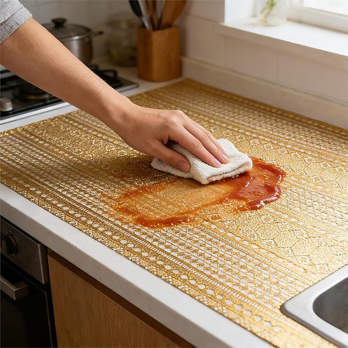Shelf and Drawer Liner for Kitchen Cabinet,Non-Adhesive Waterproof Oil-Proof Easy Clean Shelf Liner for Dresser & Bathroom Vanities with Adhesive Dots & Cutting Tool(12 in X 30 Ft Gold Lace) - Image 4