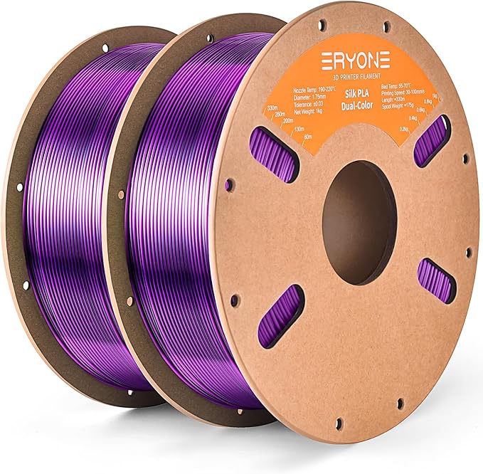 ERYONE Silk Dual Color PLA Filament 3D Printer 1.75mm +/- 0.03mm, Bicolor Filament Two Tone PLA Bundle 2KG Cardboard Spool, Black Purple by ERYONE