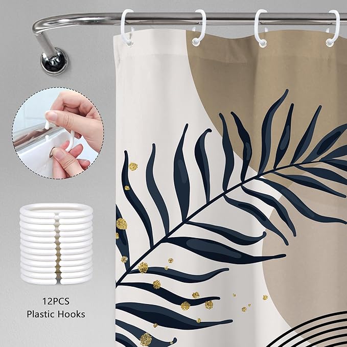 Boho Shower Curtain 60Wx72H Modern Mid Century Abstract Gold Leaves Bohemian Minimalist Geometric Arch Plant Botany Bathroom Decor Neutral Aesthetic Bath Curtain Fabric Polyester 12 Pack Hooks - Image 5