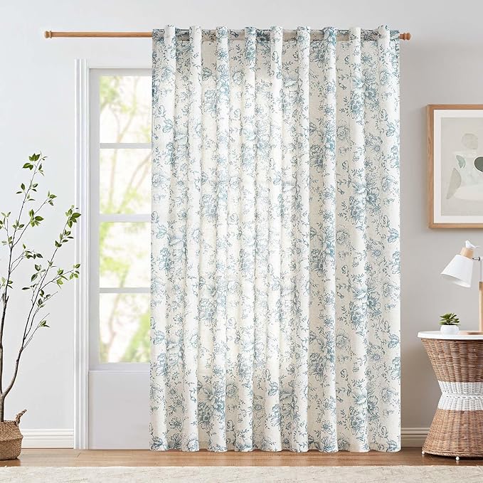 jinchan Linen Floral Curtains Extra Wide for Patio Sliding Glass Door Room Divider Curtain for Living Room 90 Inch Length Farmhouse Peony Blue Printed Curtain Set 1 Panel by JINCHAN