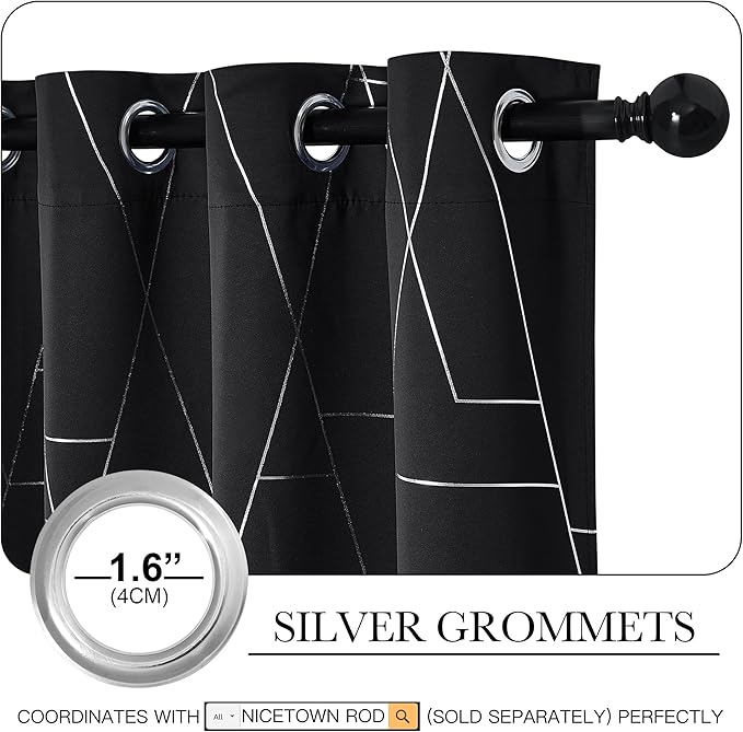 NICETOWN Blackout Curtains for Patio, Modern Foil Printed Geometric Line Home Decoration Thermal Insulated Grommet Blackout Drapes for Large Window Living Room (2 Panels, 52 inches x 95 inches, Black) - Image 2