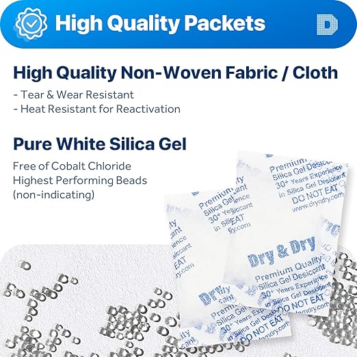 Dry & Dry 20 Gram [5 Packets] Silica Gel Packets Desiccants, Silica Packets - Rechargeable Silica Gel Packs, Silica Gel Packets, Desiccants Packets, Silica Gel - Image 2
