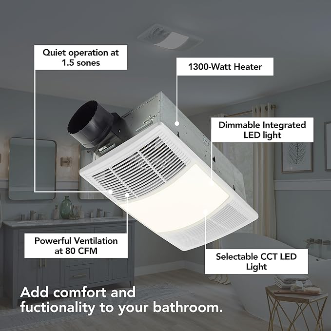 Broan-NuTone Bathroom Exhaust Fan with Heater Quiet 1.5 Sones, 80 CFM and 3-Level CCT Lighting, Powerful Ventilation and Warm Comfort for Any Bathroom - Image 2