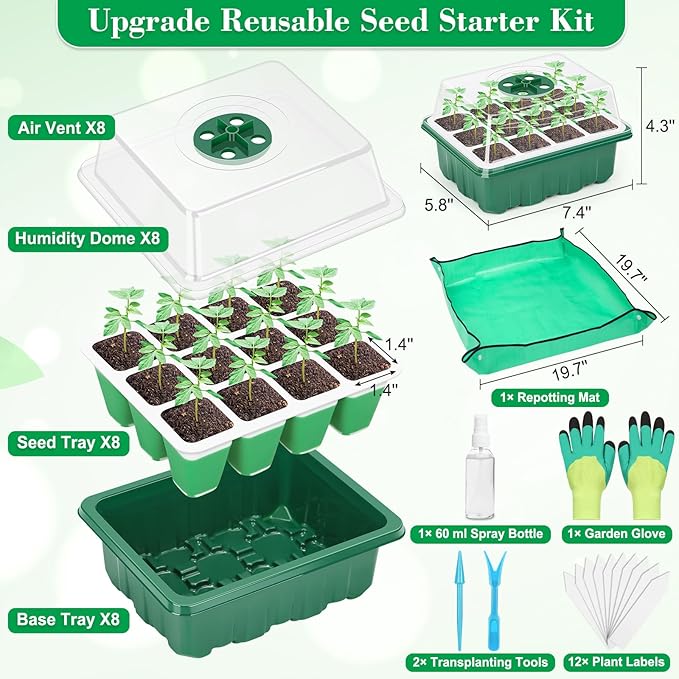 Reusable Silicone Seed Starter Tray, 96 Cells Seed Starter Kit with Humidity Adjustable Dome and Lid, 8 Packs Plant Germination Trays with Repotting Mat Germination Kit for Seeds Grow Starting - Image 5