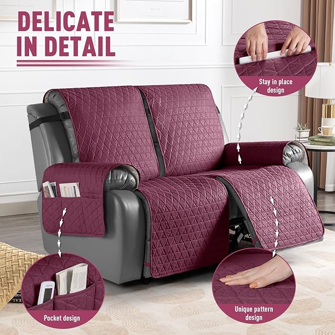 TAOCOCO 100% Waterproof Recliner Cover, Non-Slip Washable Reclining Couch Cover with Elastic Leg Straps, Furniture Protector for Dogs (Wine, 2 Seater) - Image 6