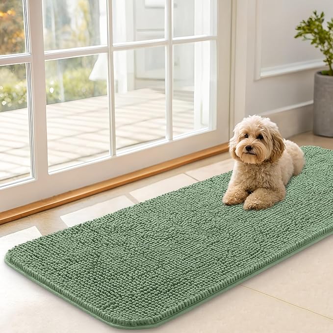 OLANLY Dog Door Mat for Muddy Paws 47x17, Absorbs Moisture and Dirt, Absorbent Non-Slip Washable Doormat, Quick Dry Chenille Mud Mat, Entry Indoor Entryway Carpet for Inside Floor, Olive Green by OLANLY