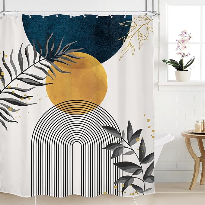 Navy Blue Boho Shower Curtain 60Wx72H Modern Bohemian Mid Century Abstract Gold Leaves Minimalist Geometric Plant Bathroom Decor Neutral Botanical Bath Curtain Fabric Polyester 12 Pack Hooks by MitpokBrand