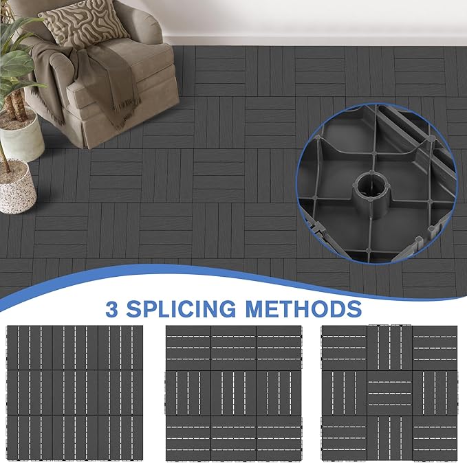 MYFAMIREA 9 Pcs Plastic Interlocking Deck Tiles 12" L x 12" W Patio Floor Decking Tiles Indoor Outdoor Waterproof Non-Slip Flooring Tile All Weather Use for Balcony Backyard Porch Poolside, Dark Grey - Image 6