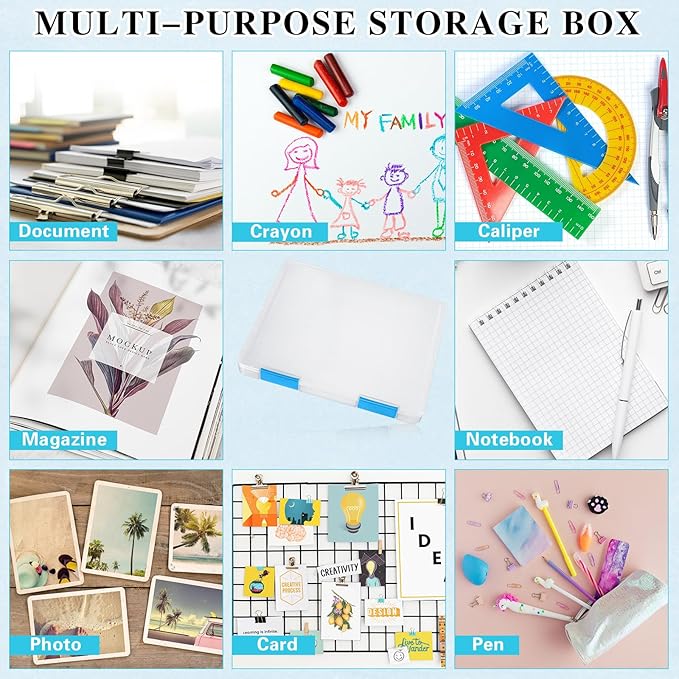 PerKoop 6 Pcs Clear Paper Storage Box A4 Plastic File Box Document Paper Organizer Storage Board Game Project Cases Containers with Buckle for Craft, Magazine(12.4 x 9.84 x 1.18 Inches,Blue) - Image 5