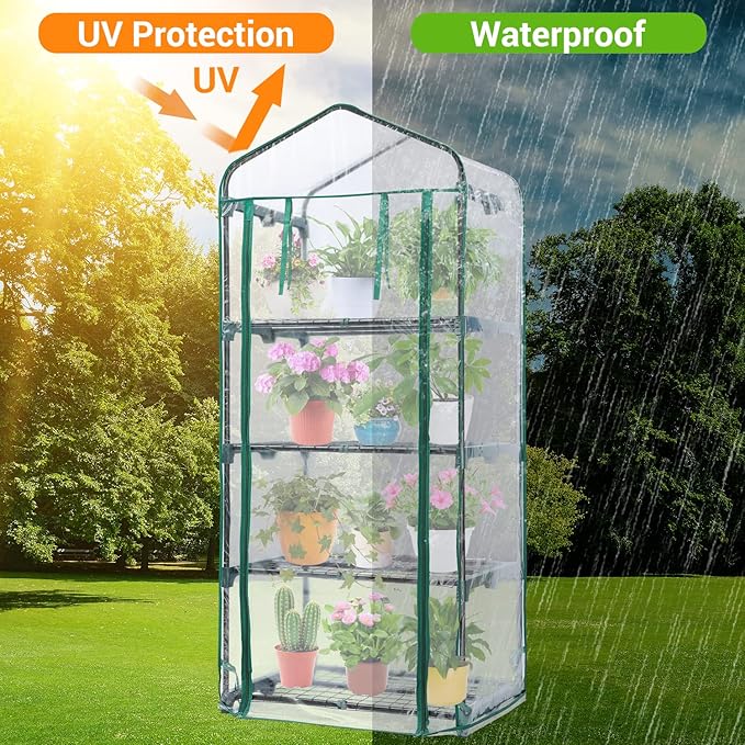 Mini Greenhouse for Outdoors Indoor: Ohuhu Small Green House with 4 Tier Shelves, Portable Plastic Greenhouses with Heavy Duty Transparent PVC Cover for Winter Garden Patio Backyard Porch Balcony - Image 2