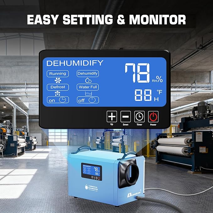 145 Pints Commercial Dehumidifier, Industrial Water Damage Unit up to 6,000 sq ft, Auto Defrost, Memory Starting with Drain Hose，for Crawl Spaces & Basements,Blue - Image 3