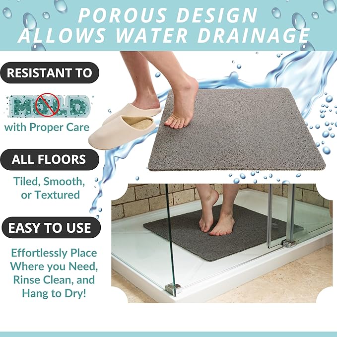 Enkosi Loofah Shower Mat Non Slip – Square Anti Slip Bath Mat for Inside Showers, Bathtub, Tub, Bathroom - Grey, Cushioned, Quick Dry PVC, with Drain Holes - Secure Grip Safety Pad (Grey 24x24) - Image 4