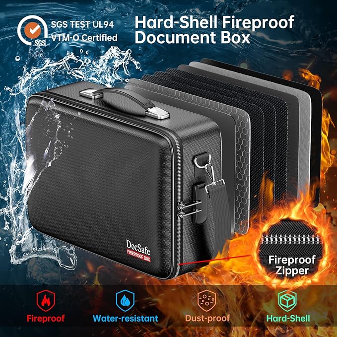 DocSafe Fireproof Document Box with Lock＆Shoulder Strap, Hard-Shell Case File Organizer with Accordion File Folder, Multi-Layer Portable Home Office Travel Safe Storage for Important Documents Laptop - Image 2