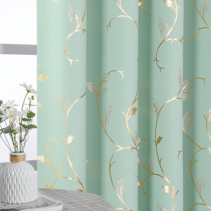 BUHUA Blackout Curtains 84 Inches Long, Gold Foil Print Pattern Room Darkening Curtain, Living Room Curtains & Drapes, Thermal Insulated Window Panel Set, 66 x 84 Inch, Aqua - Image 6