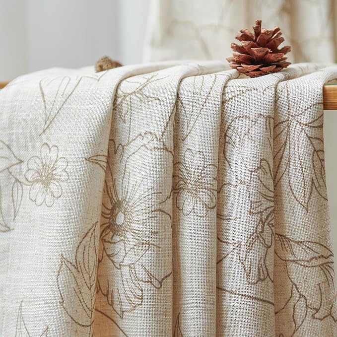jinchan Floral Linen Curtains for Living Room 63 Inch Length Taupe Flower Curtain Rod Pocket Back Tab Farmhouse Curtains with Printed Floral Bedroom Window Curtain Set, 2 Panels Taupe - Image 6
