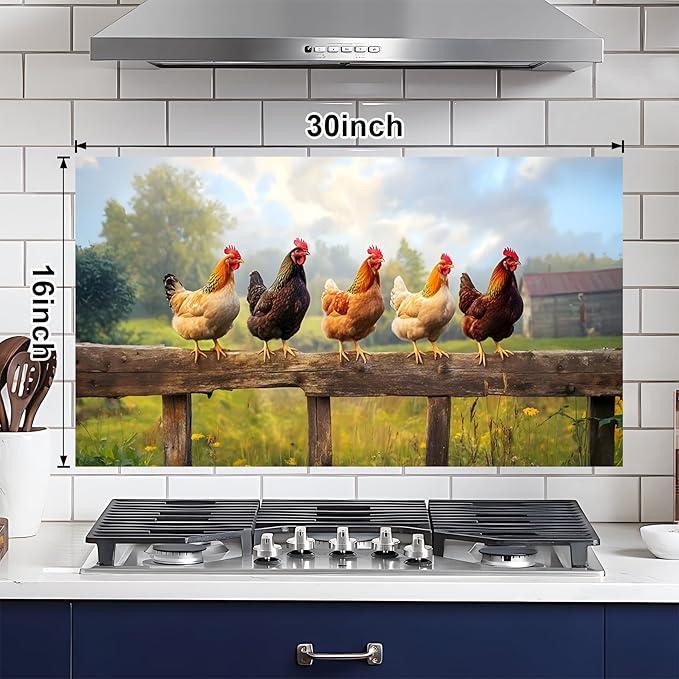 NYZE Kitchen Backsplash Stickers Waterproof Stove Backsplash Protector, 30 X 16 inch Removable Chicken Wallpaper with Wall Art Decor for Stove Cooking Area(Farm Chicken Flock) - Image 2