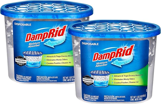 Damp Rid Moisture Absorber & Odor Remover with Activated Charcoal 2 Pack –Humidity Absorber for Home, Bathroom & Basement, 10.5 oz Disposable Buckets, – Ilios Packaging by Ilios