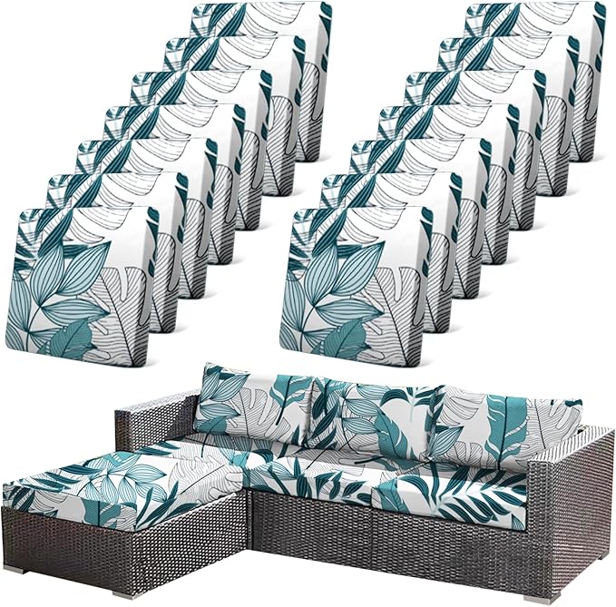 14Pcs Stretch Patio Cushion Cover Outdoor Cushion Cover Replacement Slipcovers Indoor and Outdoor Chair seat Covers Blue Botanical Print Patio Furniture Protector(Cover Only) by CALBODE
