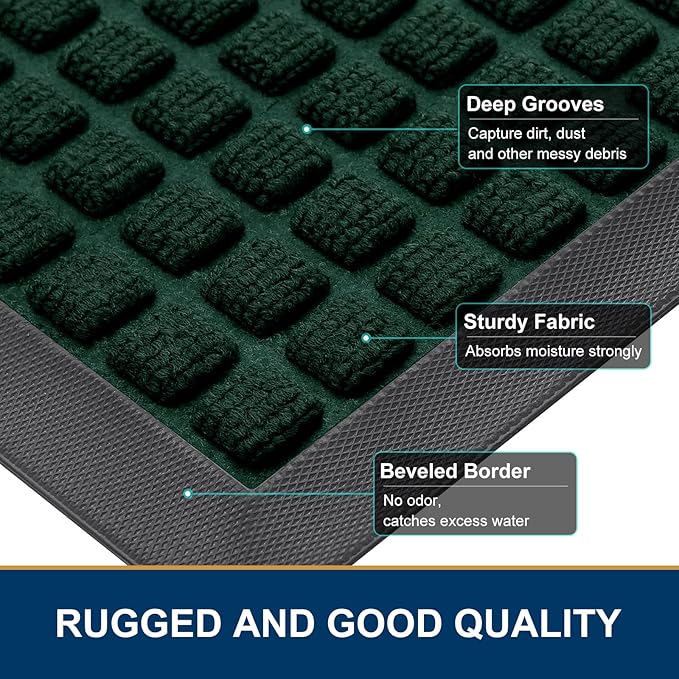 Smiry Front Door Mat Outside Entrance, Heavy Duty Natural Rubber Doormat, Non Slip, Trap Dirt and Moisture, Easy Clean, Low Profile Welcome Floor Mats for Indoor Outdoor Entry, 47x23 Inch, Black Green - Image 3