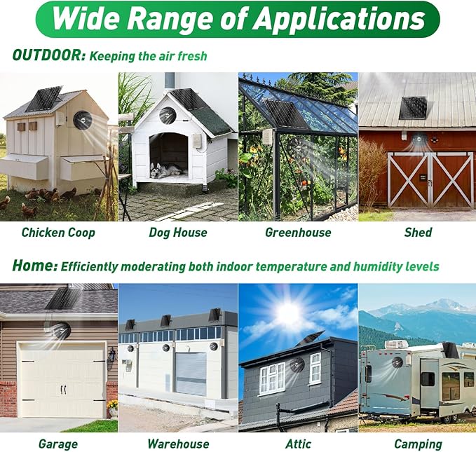 Solar Exhaust Fan with Battery, 40W 10" Solar Powered Fans for Greenhouse with 60Wh Battery Run Day & Night, Solar Vent Fan for Shed Chicken Coop Dog House Outside, Waterproof & Low Noise - Image 7