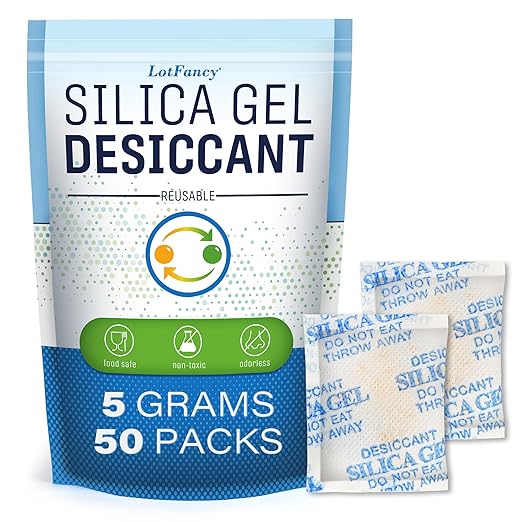 LotFancy 5 Gram (50 Pack) Silica Gel Packets, Color Indicating Desiccant - Rechargeable Moisture Absorbers for Food Storage, Electronics, 3D Filament & Gun Safes by LotFancy