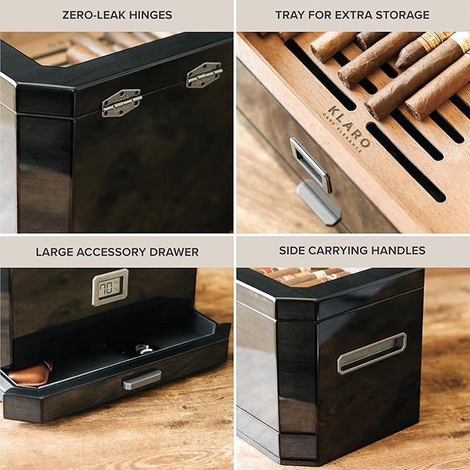 CASE Elegance Large Octodor Black Cedar Humidor with Digital Hygrometer, Humidification System and Accessory Drawer - Can Hold (50-100 Cigars) - Image 3