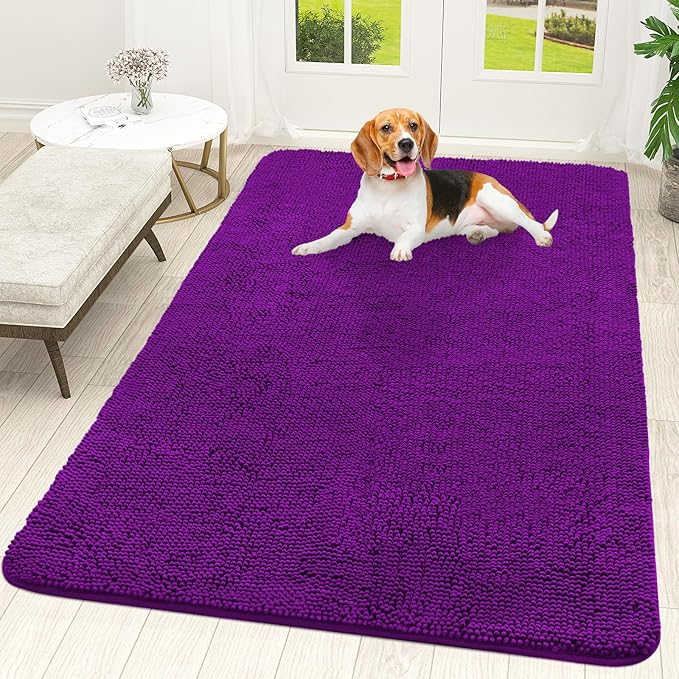 OLANLY Dog Door Mat for Muddy Paws 59x35, Absorbs Moisture and Dirt, Absorbent Non-Slip Washable Doormat, Quick Dry Chenille Mud Mat for Dogs, Entry Indoor Entryway Carpet for Inside Floor, Purple by OLANLY