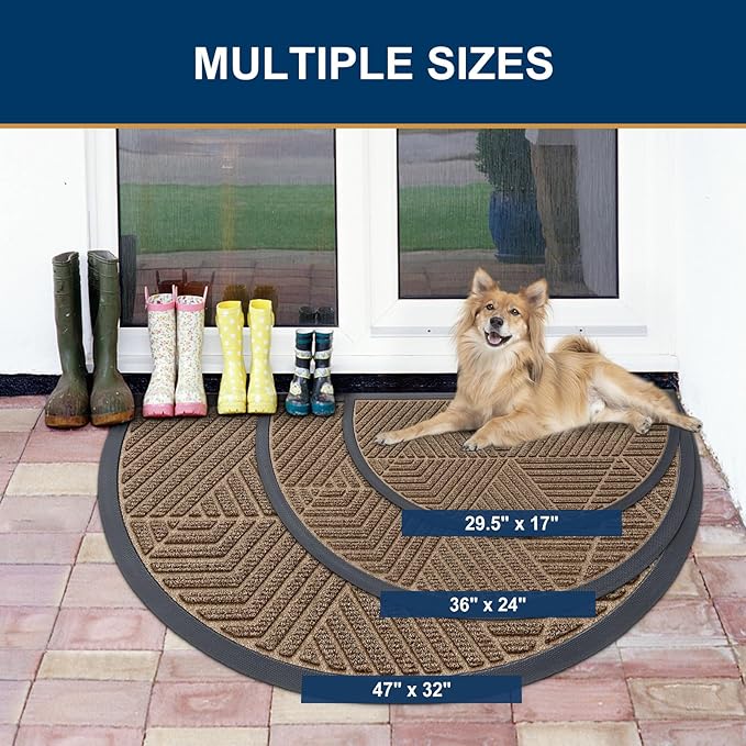 Smiry Half Circle Front Door Mat Outside Entrance, Heavy Duty Sturdy Natural Rubber Doormat, Trap Dirt and Moisture, Low Profile Mats for Indoor Outdoor Entry, Irregular Triangle (35x23, Brown) - Image 2