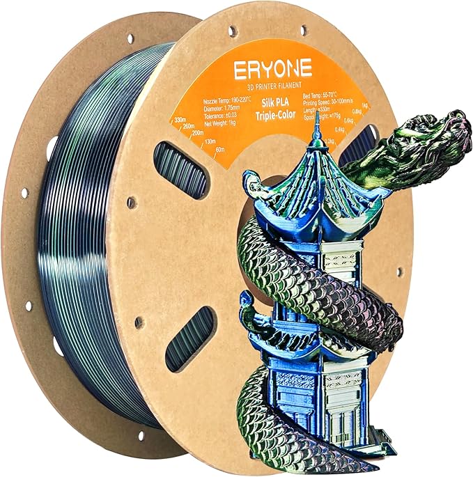 ERYONE Silk Tri Color PLA Filament 3D Printer 1.75mm +/- 0.03mm, Multicolor Filament Tricolor PLA 1KG(2.2lbs) Cardboard Spool, Dark Green & Midnight Blue & Black by ERYONE