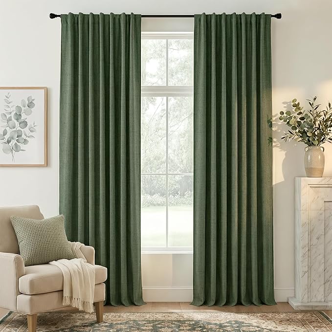 RYB HOME Olive Green 100% Blackout Linen Curtains 96 inches Long, Luxury Thermal Insulated Room Darkening Drapes for Living Room/Bedroom/Sliding Doors, Back Tab&Rod Pocket, W52xL96, 2 Panels by RYBHOME