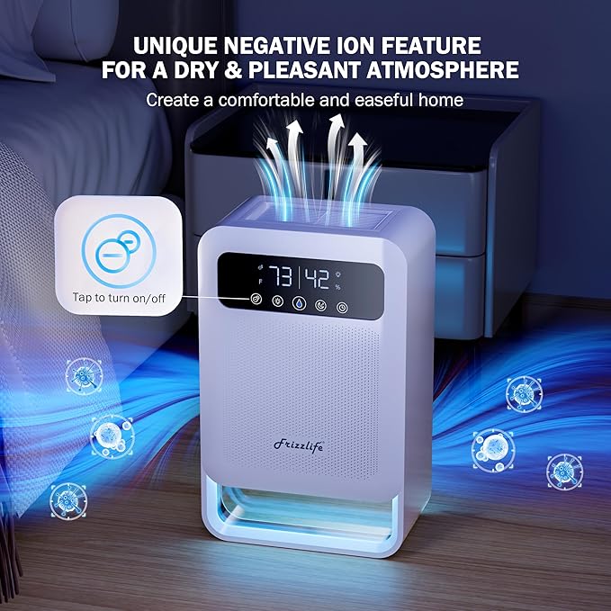 Frizzlife DH80 Air Dehumidifier, 135oz Water Tank W/Purifying Function, Quiet Small Dehumidifiers With Sleep Mode For Home, Bedroom, Bathroom, Basement W/Auto Shut Off, 7 Colors LED Light, White - Image 4