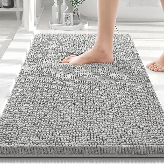 Smiry Luxury Chenille Bathroom Rugs 30x20, Extra Soft and Absorbent Shaggy Bath Mat, Machine Washable, Non-Slip Plush Carpet Runner for Tub, Shower, and Floor, Home Decor Accessories, Light Grey by Smiry