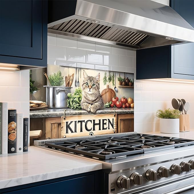 NYZE Kitchen Backsplash Stickers Waterproof Stove Backsplash Protector, 30 X 16 inch Removable Kitchen Wallpaper with Wall Art Decor for Stove Cooking Area(Kitchen Cat) - Image 5