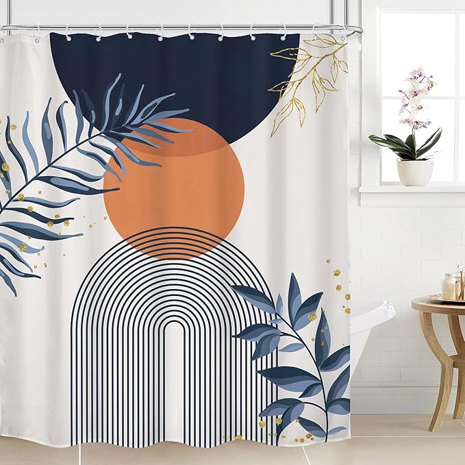 Navy Blue Boho Shower Curtain 60Wx72H Modern Abstract Bohemian Blue Gold Leaves Orange Minimalist Mid Century Plant Arch Bathroom Decor Neutral Geometric Bath Curtain Polyester 12 Pack Hooks by MitpokBrand